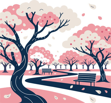 Vibrant pink cherry blossom trees line a serene park pathway with benches