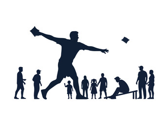 Obraz premium Silhouette of a joyful man jumping with a graduation cap surrounded by people of various ages and occupations