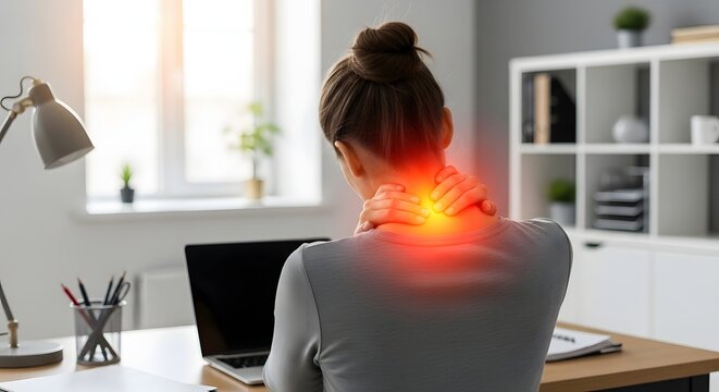 Neck muscle strain and ergonomic office injury. Cervical spine pain and physical therapy needs. Woman sitting at a desk with laptop touching her neck with glowing red pain indicators