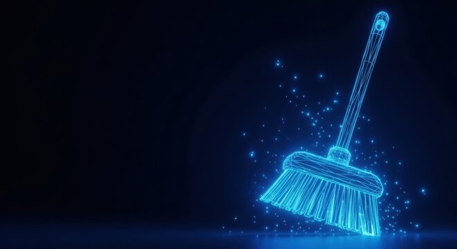A blue neon glowing broom with bristles on a dark background illustration