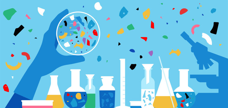 Research in laboratory. Scientist studying plastic particles in petri dish with chemical glassware and microscope. Environmental pollution concept. Simplicity vector illustration