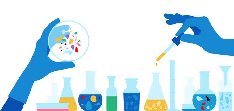 Microplastic analysis in laboratory. Scientist hands studying plastic particles with petri dish, pipette and chemical glassware. Environmental pollution concept. Simplicity vector illustration