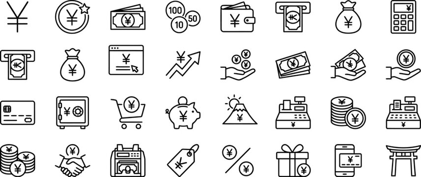 Yuan currency and finance line icons set