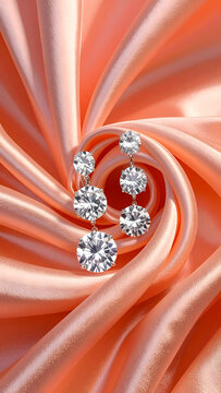 Floating Diamonds in Silk Vortex: Abstract product advertisement luxurious diamond earring floating rotating silk fabric background, feeling elegant and sophisticated
