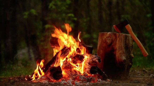 4K cinematic shot of a cozy campfire burning in a green forest next to a wooden stump with an embedded axe.