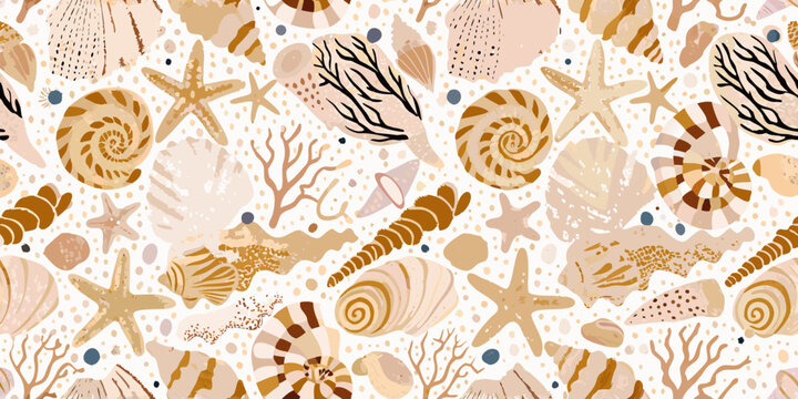 Seashell pattern coastal marine life illustration in beige tones