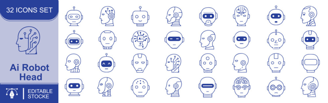 Set of 32 AI robot head icons Each icon will be different, create a vector outline icons using white background and black color