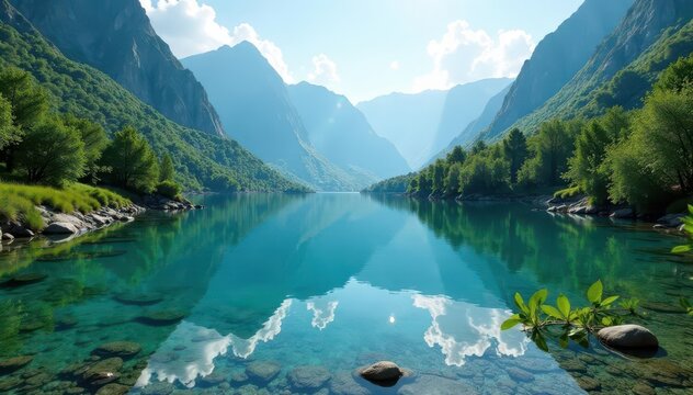 Clear mountain lake, sunlit shores, lush vegetation, scenic, light, nature