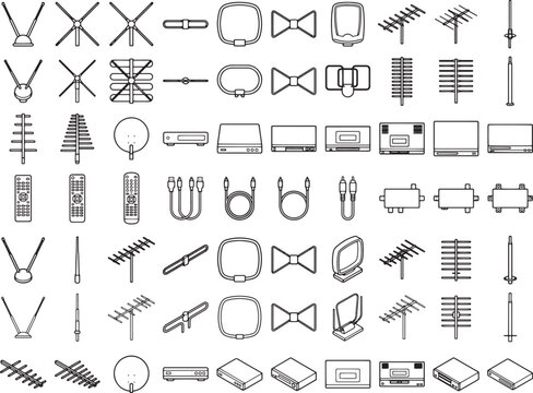 Collection of line art icons depicting various antenna, cable, and television-related electronic devices, organized in a grid for clear visual representation.