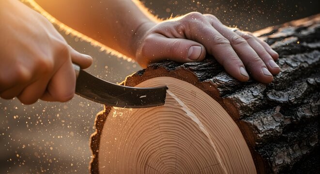 Woodworking craft and traditional carpentry. Timber processing and forestry industry. Close up of hands using a sharp knife to carve or debark a log with wood shavings and sunlight