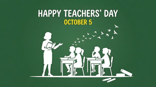 Happy teacher day illustration celebrating educators with classroom scene and october 5th date