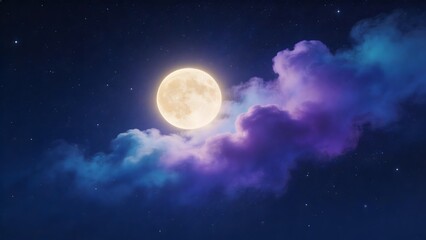 Fototapeta premium Full moon in starry sky with colorful clouds