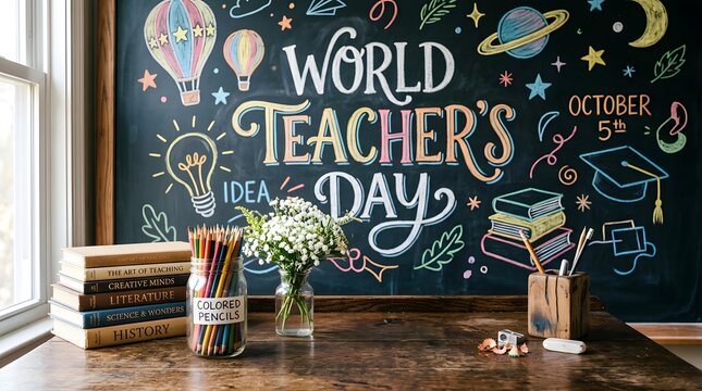 World teacher day celebration classroom setup with books flowers and chalkboard decorations for educators