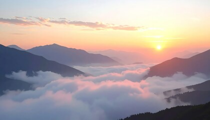 Obraz premium Sunrise Over Misty Mountains With Golden Hues.