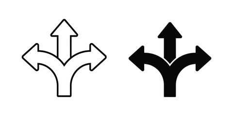 Three Way Icon Editable Designs Black and White Set Featuring Branching Arrows Route Options and Choice Interface Symbols © MDMILON 2