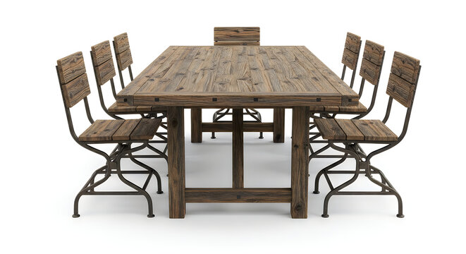 Rustic wooden dining table and chairs set on a clean white background.