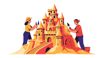 Sandcastle Creation: Two individuals work together, meticulously crafting an elaborate sandcastle, showcasing creativity and shared effort. © asad