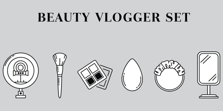 Beauty vlogger set with ring light and makeup tools in clean silhouette style