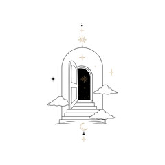 Mystical doorway with stairs, clouds and stars in minimal celestial line art and spiritual boho style © Oksana