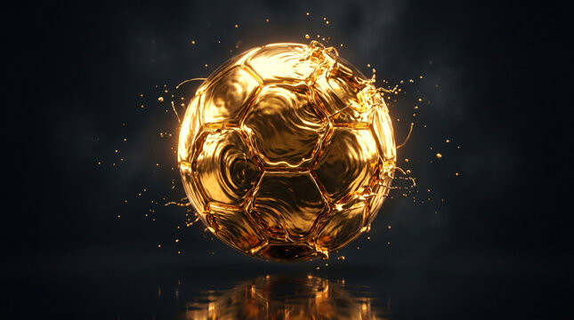 Shiny golden soccer ball splashing with liquid gold in this photo