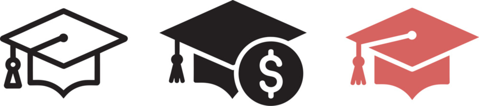 Graduation, cap icon set with dollar symbol representing education funding, scholarships, tuition costs, and financial study concepts in clean vector style ideal for academic and finance related 