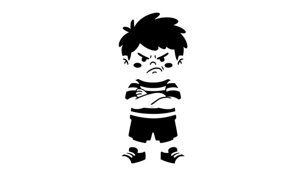 Grumpy Cartoon Boy with Folded Arms Cute Angry Child Vector Illustration blaj