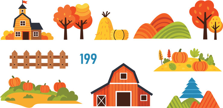 Cute Cartoon Autumn Farm Scene Icon Set with Barn, Pumpkins, Haystacks, Trees, Fence and Harvest Landscape for Fall, Thanksgiving, and Seasonal Designs