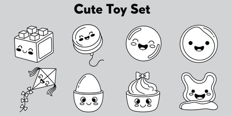 Fototapeta premium Kawaii toy set with building blocks balloons and kites in a simple vector silhouette style