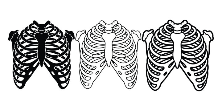 Human Rib Cage Silhouette in Black White Outline and Filled Styles for Medical or Halloween Concepts