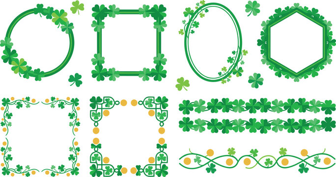 Saint Patrick&rsquo;s Day Clover Frame Collection with Shamrock Borders, Irish Floral Decorations, and Festive Green Vector Elements Set