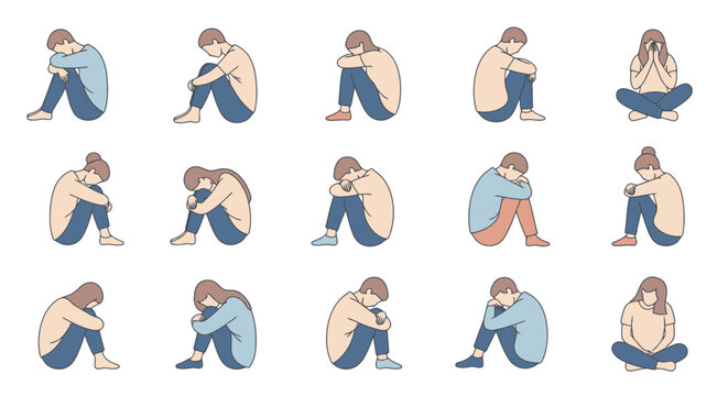 Diverse group of people depicted in various seated poses conveying introspection contemplation solitude and emotional reflection representing human experiences and mental states across different