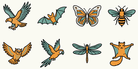 Obraz premium Various flying animals in silhouette style on a light background