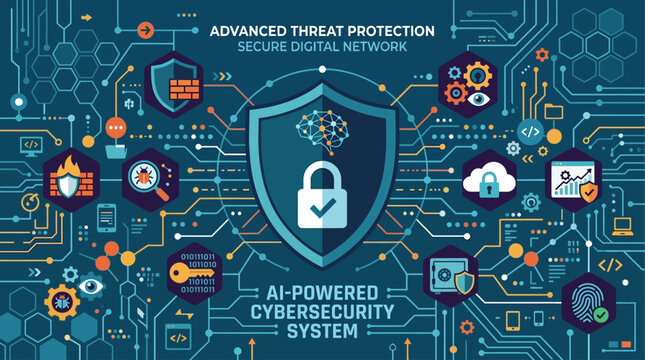 An AI-powered cybersecurity system protects a network with a shield and lock