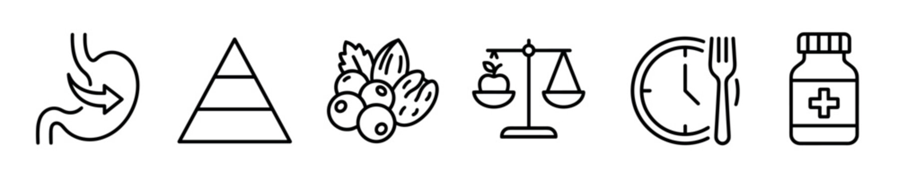 Set of black line icons illustrating concepts of healthy eating, nutrition, and diet, including digestion, food pyramid, balanced meals, intermittent fasting, and vitamin supplements