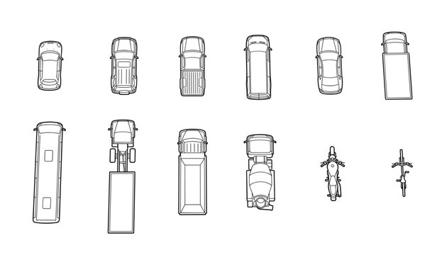 Set of various transport vehicle outlines from a top-down view, including cars, trucks, a bus, van, motorcycle, and bicycle, for use in architectural plans or traffic diagrams