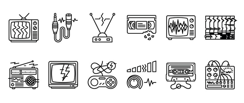 Collection of broken retro technology icons depicting glitches, noise, and malfunction in a simple black line art style, including TV, radio, cassette, and game controller symbols