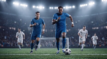 Naklejka premium Soccer players chasing ball during intense stadium match under bright lights