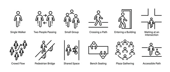 Naklejka premium Set of pedestrian movement line icons illustrating people walking, gathering, crossing paths, and using accessible routes for urban planning and wayfinding design concepts