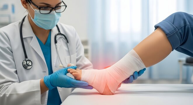 Doctor wrapping a bandage on patient injured ankle. First aid and orthopedic clinic. Surgeon hands applying medical gauze to a wounded foot