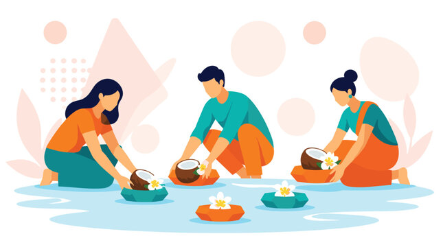 Celebration of Ganesh Visarjan with People Engaging in Cultural Rituals by Water Surface with Offerings