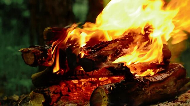 Cinematic 4K shot of a bright campfire burning in the dark forest at night. Mysterious nighttime bonfire with vibrant orange flames and natural wood crackling sound. Static shot.