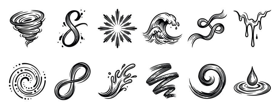 Set of twelve black hand-drawn icons representing natural elements and abstract shapes like a tornado, wave, splash, and swirl in a dynamic graphic ink sketch style illustration