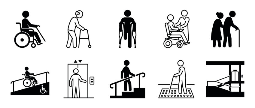 Set of black vector icons representing disability, accessibility, and mobility challenges for elderly or injured people using wheelchairs, walkers, crutches, ramps, and elevators