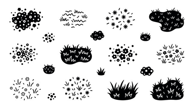 Set of black hand-drawn grass tufts, bushes, and flowers in a minimalist doodle style, a collection of simple plant and floral silhouette shapes for graphic design