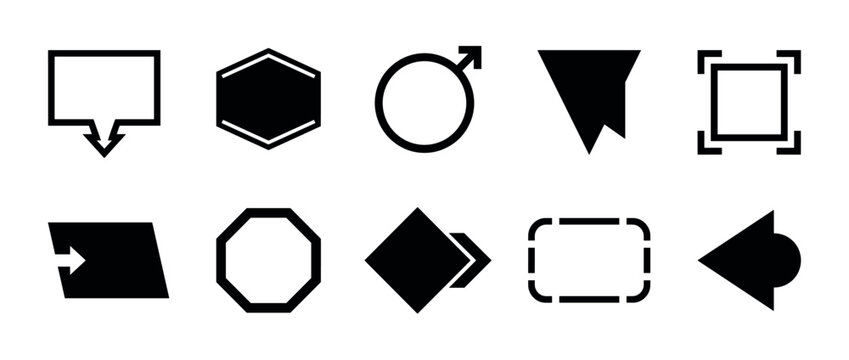 Collection of ten black geometric icons and symbols for user interface design, including various arrows, polygons, and pointers in a minimalist flat style for graphic elements