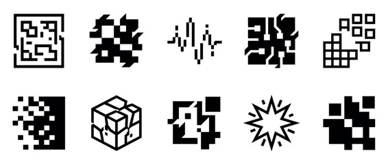 Fototapeta premium Collection of ten black minimalist glyph icons with a geometric, pixelated style illustrating abstract concepts of technology, data, glitch effects, and digital transformation