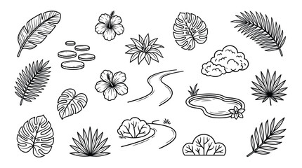 Fototapeta premium Set of hand-drawn tropical nature elements including palm leaves, monstera, hibiscus flowers, and garden path icons in a clean black and white line art doodle style collection