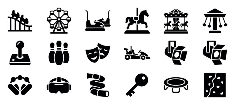 Set of black solid entertainment icons representing amusement park rides, arcade games, and leisure activities like bowling, VR, and rock climbing