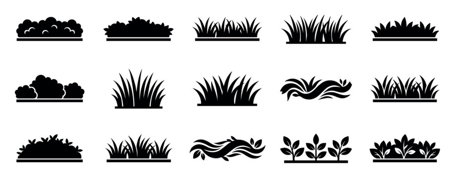 Collection of black grass and bush silhouettes in various shapes and styles for graphic design and nature concepts, presented as a set of flat vector icons for landscaping