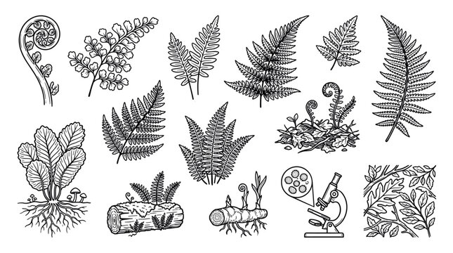 Collection of hand-drawn fern illustrations showing different species, life cycle stages, and botanical elements like spores, roots, and a microscope in a black and white line art style